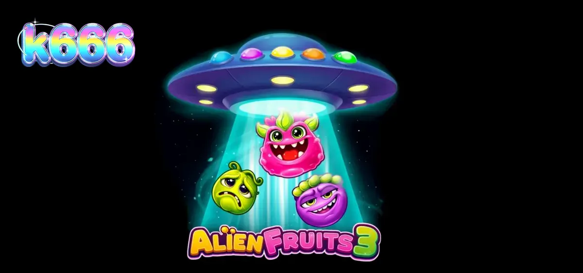Tampilan antarmuka slot Alien Fruits 3 dengan grid 8x8 dan simbol buah neon